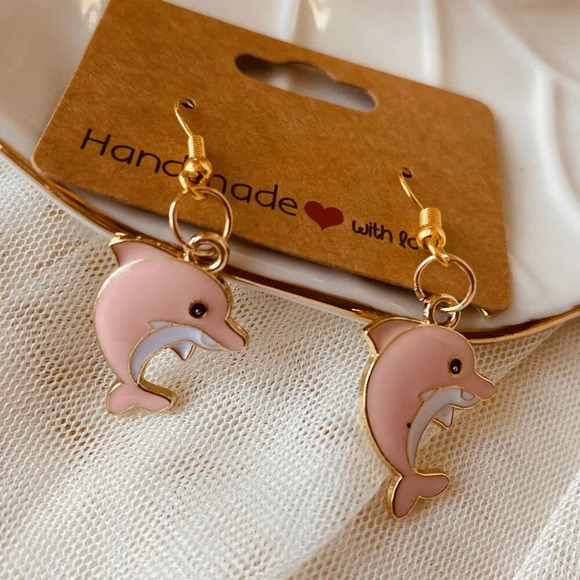 Handmade Jewelry - Cute Pink Enamel Dolphin design Fashion earrings